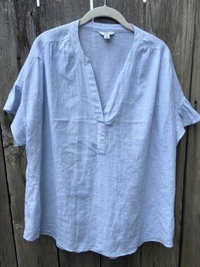 Crown & Ivy Linen Nautical Beach Blue White Stripe Pullover Top Women’s Large